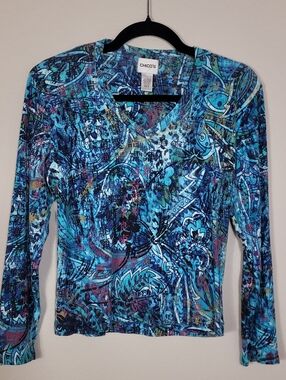 Chicos Asian Inspired Wearable Art Shirt Size Small Blue Multi Boho Grunge Y2K